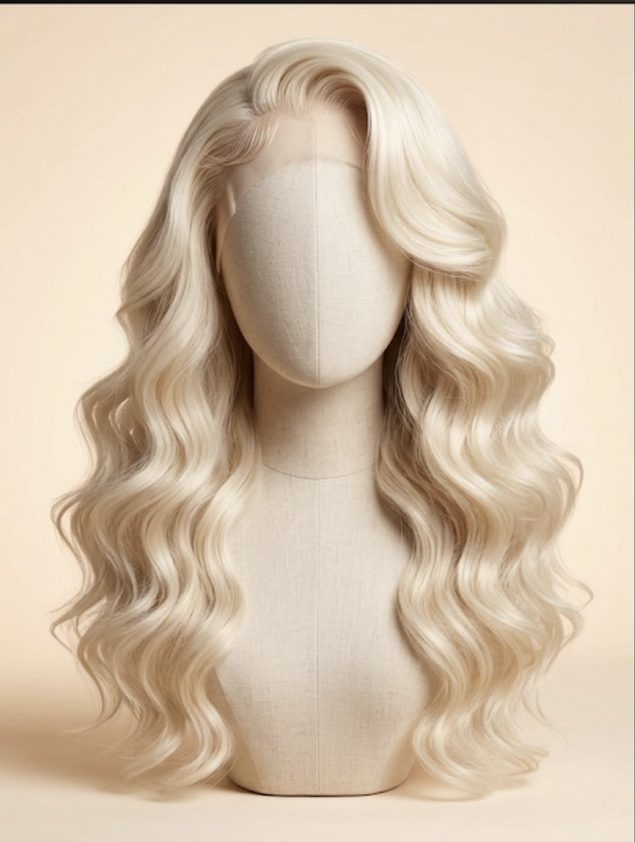 Platinum blonde wavy wig styled on a display form